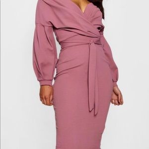 Boohoo off/on the shoulder dress.